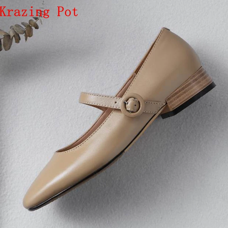 Krazing Pot/; женские туфли-лодочки из натуральной кожи с круглым носком, пряжкой и ремешками; мягкие туфли на низком квадратном каблуке; Туфли mary jane с закрытым носком; l24