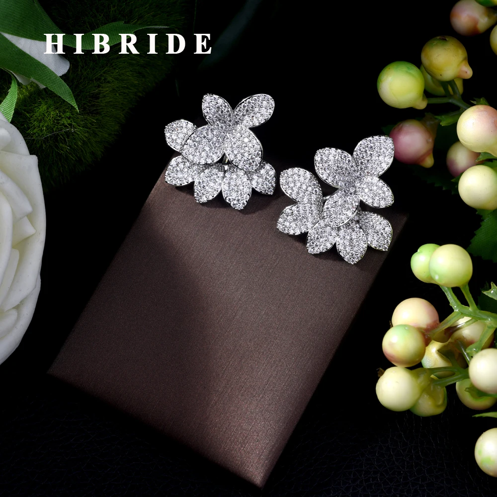 

HIBRIDE Luxury AAA Cubic Zircona Flower Shape Stud Earring Fashion Dubai Jewelry for Women Weeding brincos para as mulheresE-437