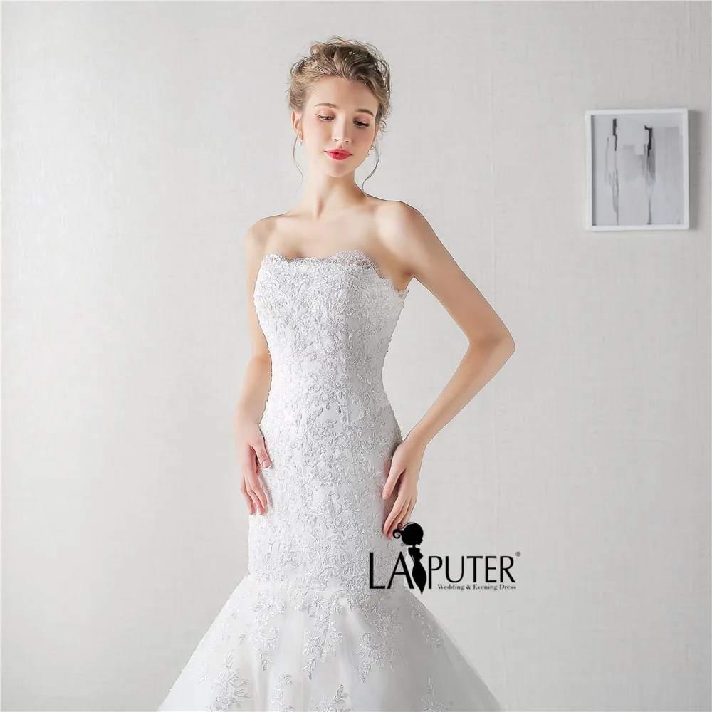 Elegant Strapless Lace-up Back Court Train Sleeveless Lace Appliques Mermaid Wedding Dresses Cheap Bridal Gowns | Свадьбы и