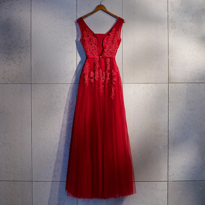 Вечернее платье с v-образным вырезом Robe De Soiree бордовый Тюль с вечерние платья с аппликацией длинное платье настоящая фотография vestido de festa