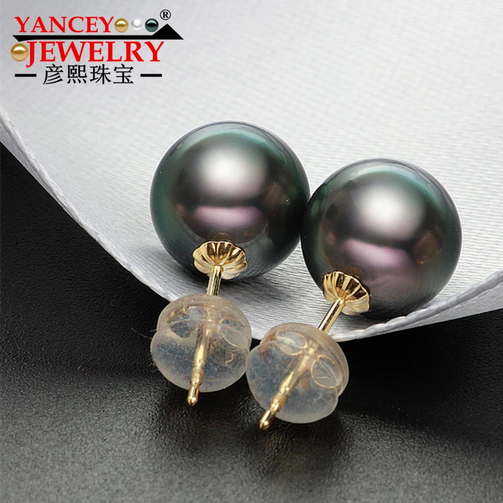 YANCEY JEWELRY Natural Tahitian Round 10-11MM Black Pearl Stud Earrings 18K Gold Seawater | Украшения и аксессуары