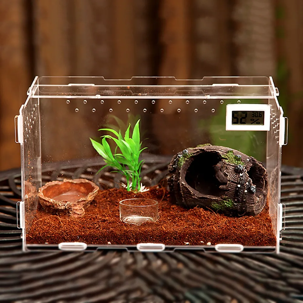 

Reptile Vivarium Kits Magnet Latch Thermometer Hide-out Cave Fake Plant Gecko Lizard Snake Tarantula panoramic Acrylic new box