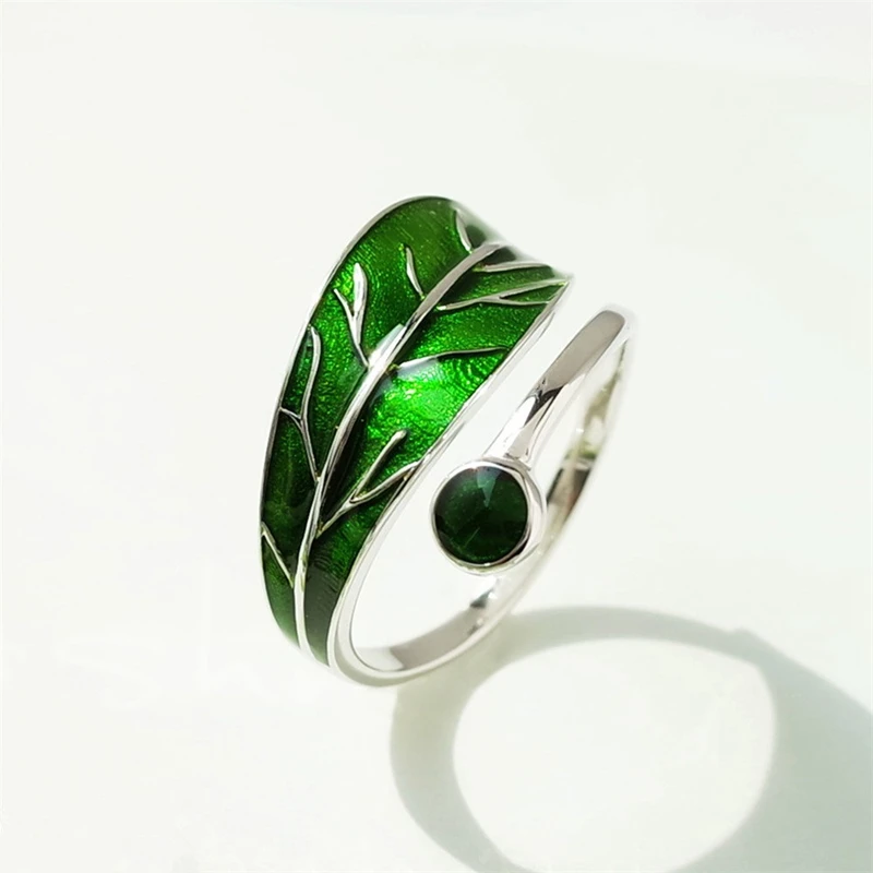 Женское кольцо с зелеными каплями из стерлингового серебра листьями|jewelry rings|jewelry