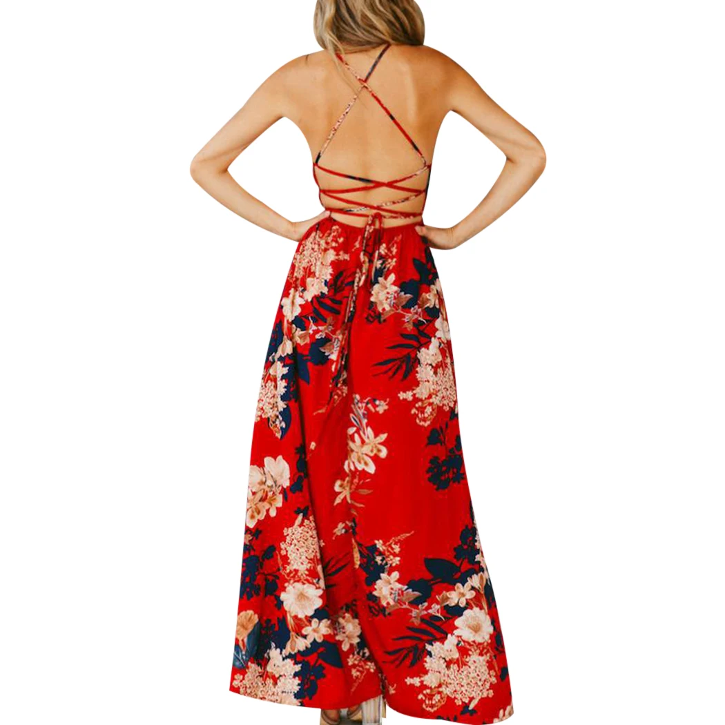 Женское пляжное платье Boho длинное шифоновое с открытой спиной и цветочным