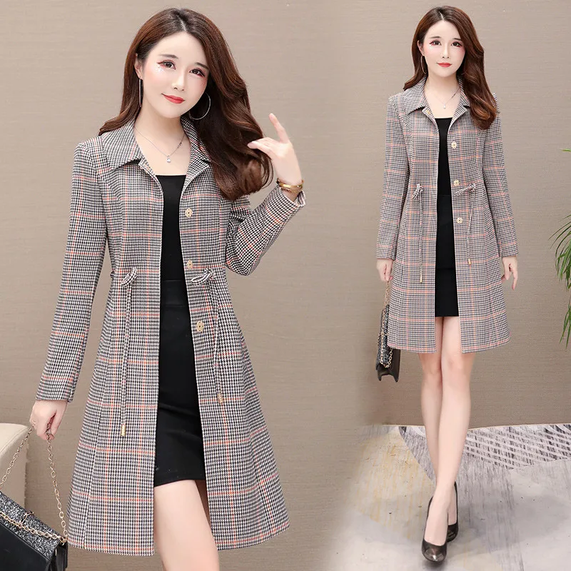 Демисезонный Для женщин ветровка 2019 новый Mid-длинные клетчатые женские пальто