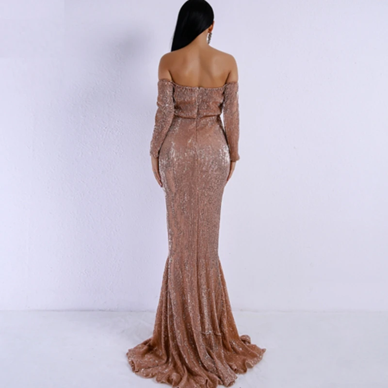 2019 Eelgant Maxi Dark Green Rose-gold blue Sequin Dress New Chic Summer Evening Celebrity Party Vestidos Off The Shoulder | Женская