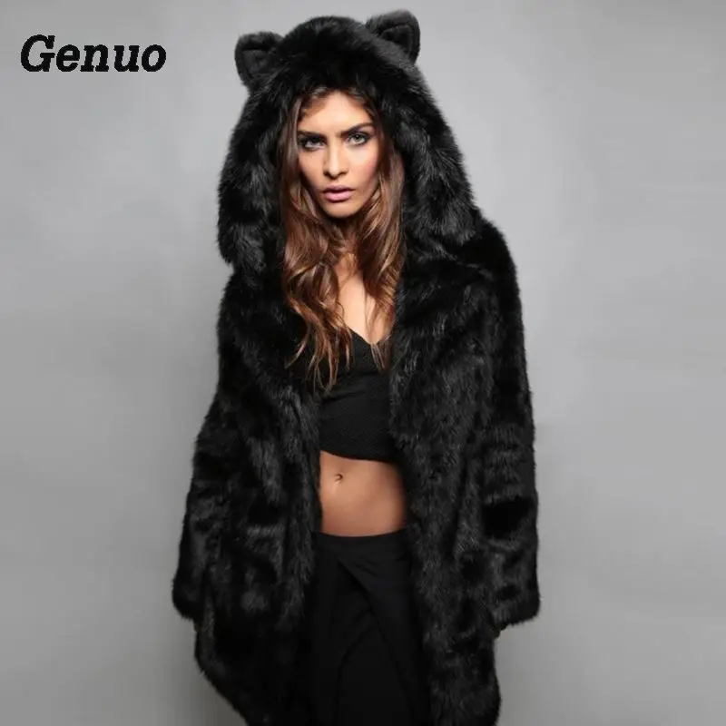

Genuo Faux Fur Coat Winter Women Hooded Fur Coat Female Jacket casacas para mujer Casual Long Sleeve Warm Parka Outwear