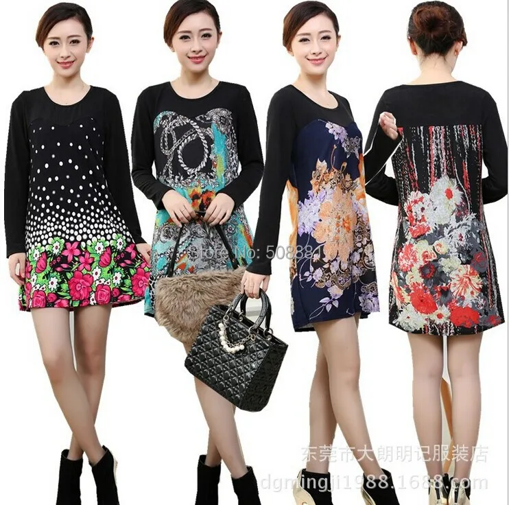 2015 новая зимняя большой Большой размер урожай цветочные печать женщины платье