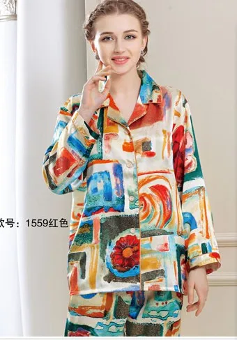 Art, 100% mulberry silk Printed silk women's small lapel pajamas long-sleeved pants suit