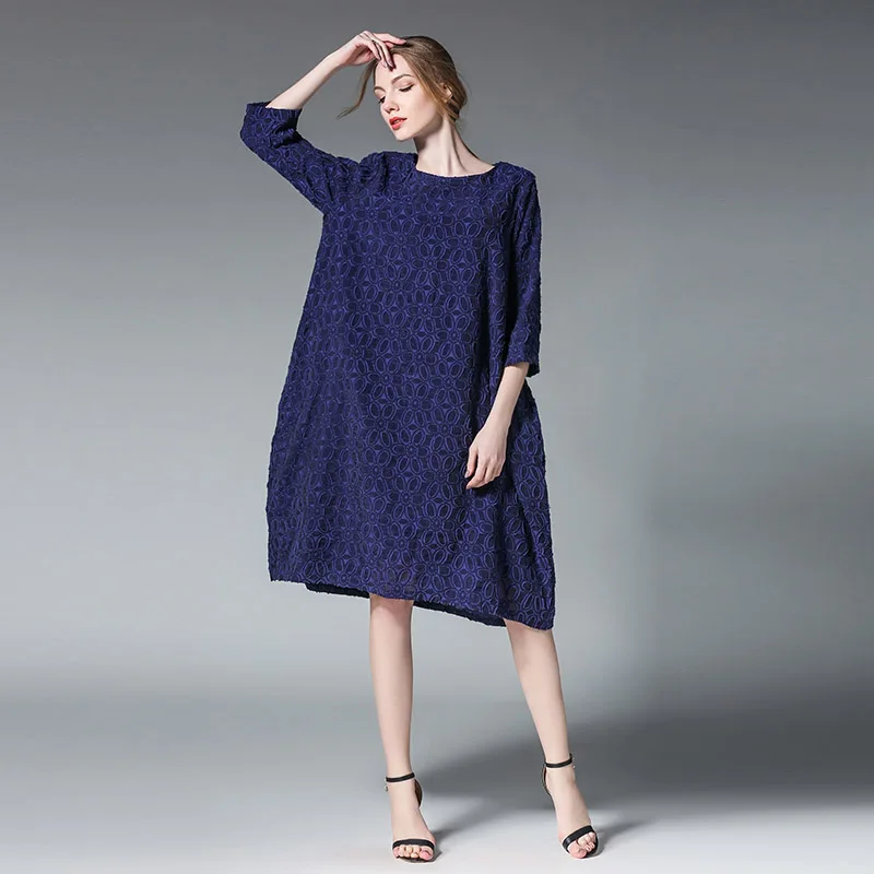 Плюс Размер Старинные Женщин Dress Casual Мода Весна Лето Стиль Высокое Качество Синий
