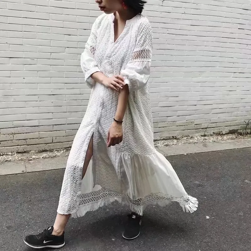 Women Summer Holiday Long Dress Ladies Cotton White Tassel Lace Crochet Hollow Out 2018 Sexy Beach | Женская одежда