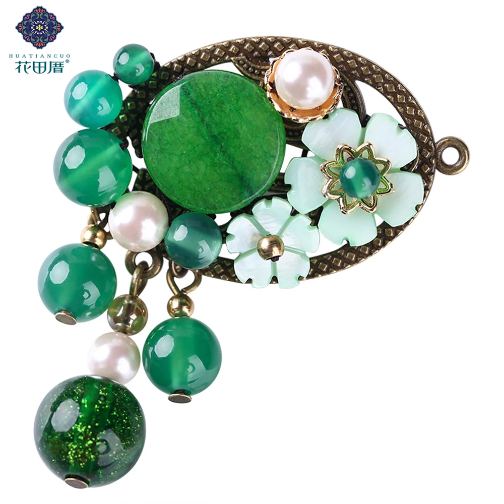 

Ethnic Handmade Resurrection Vintage Brooch Green Stone Shell Stone Copper Beads Broches Women Dignified Temperament XZ-17053