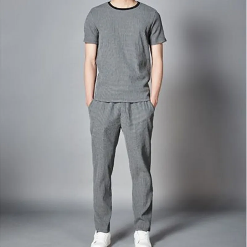 

Summer wrinkle Linen men t shirt Linen short sleeve big t shirts casual o-neck loose two-piece suits baggy t shirts sets M-9XL