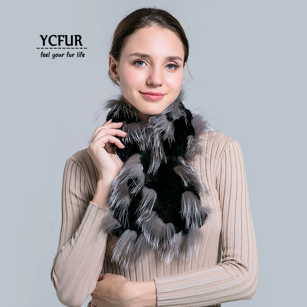 Женские шарфы YCFUR, шали, Зимний вязаный шарф из кроличьего меха Рекс, шарфы с отделкой из меха серебристой лисы, зимний теплый меховой шарф, женская накидка