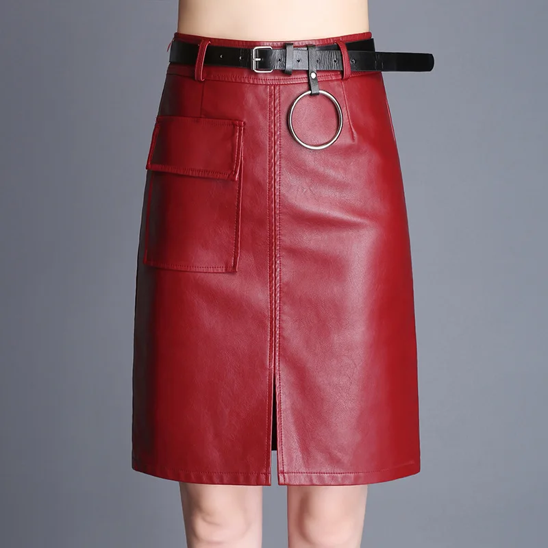 

SWYIVY Woman Clothing PU Skirt Large Size 4XL 2018 Autumn Lady Elegant Hip Skirts Pocket OL Winter Knee Length Skirts PU Leather