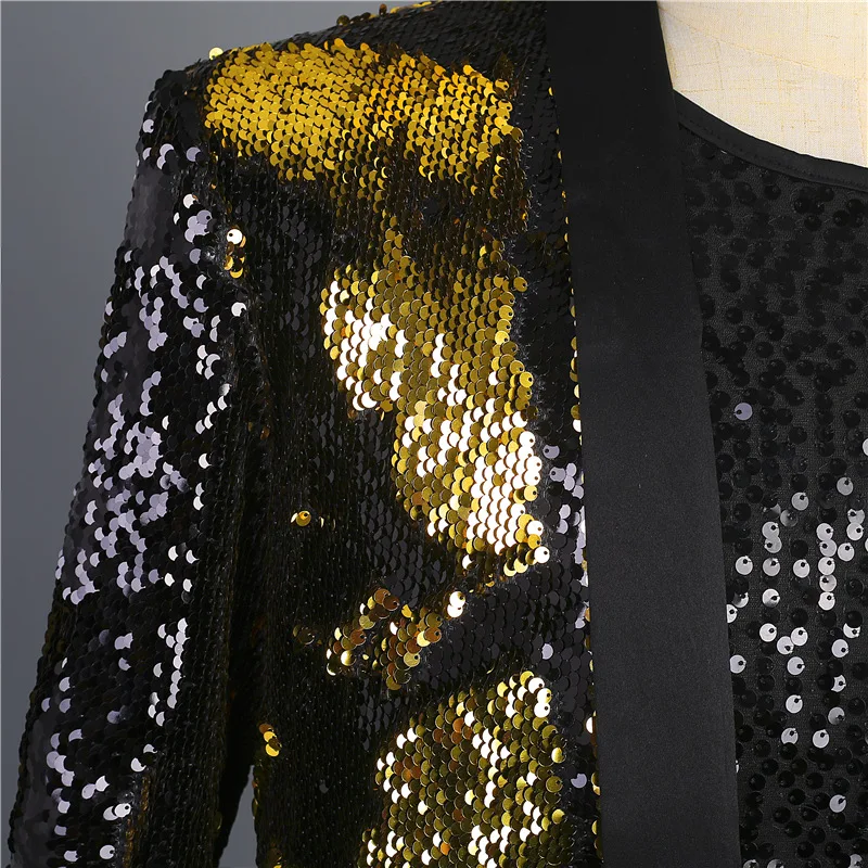 

Latest Men's Double-color Flip Sequins Suit Jacket Stage Costume Golden Black Green Long Coat Nightclub Bar DJ Singer Presenter