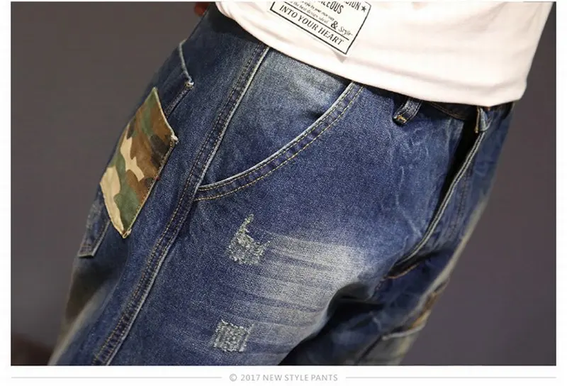 Tsingyi 4XL осенние лоскутные джинсы для мужчин поношенный старый стиль синие шаровары Homme деним средняя стирка длинные брюки для бега