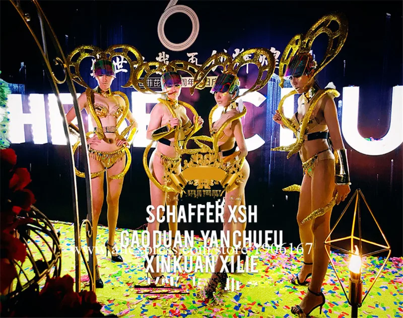 Женский костюм для подиума золотого цвета головной убор танцевальной команды