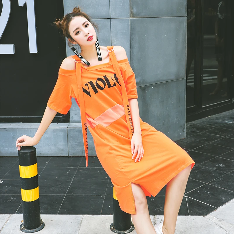 2017 Лето Женщины Платье Мода Письма Печатаются Холодный С Slash Шеи Спагетти Ремень