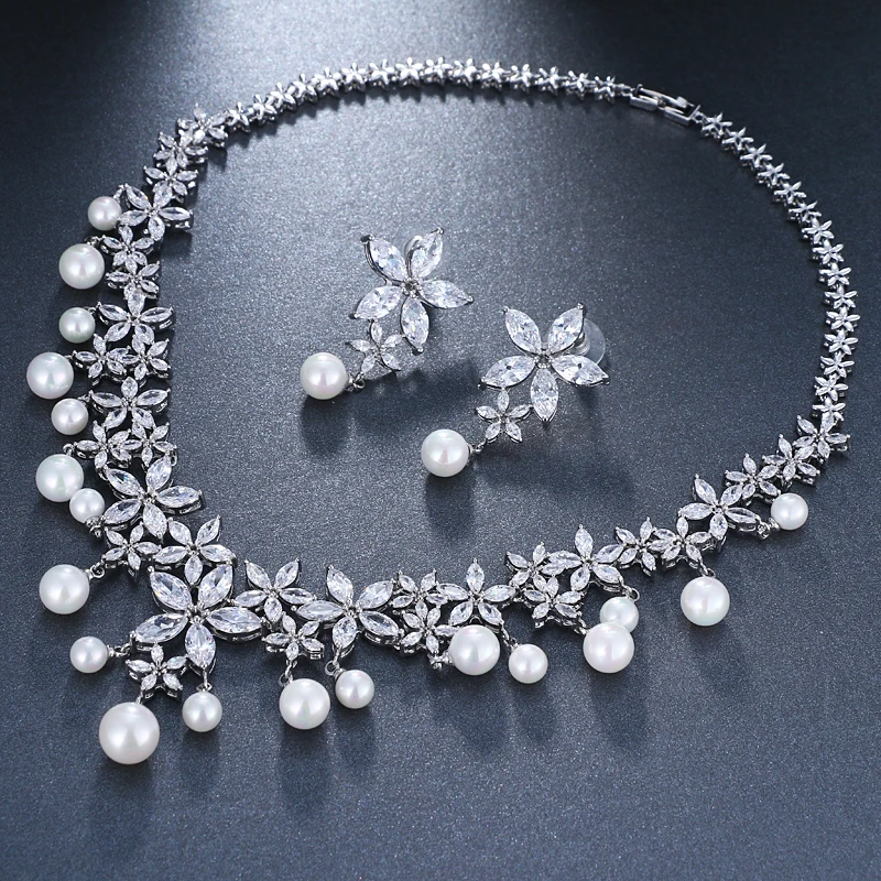 GMGYQ Trendy Imitate Pearl Jewelry Fashion Bride AAA Cubic Zircon Earrings Necklace Set Factory Wholesale Sales | Украшения и