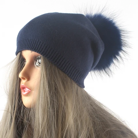 dark blue fur pom Женские зимние шерстяные вязаные шапки с помпоном, шапка с натуральным лисьим мехом, шляпа с помпоном, одноцветная Повседневная шапка - Цвет: dark blue fur pom