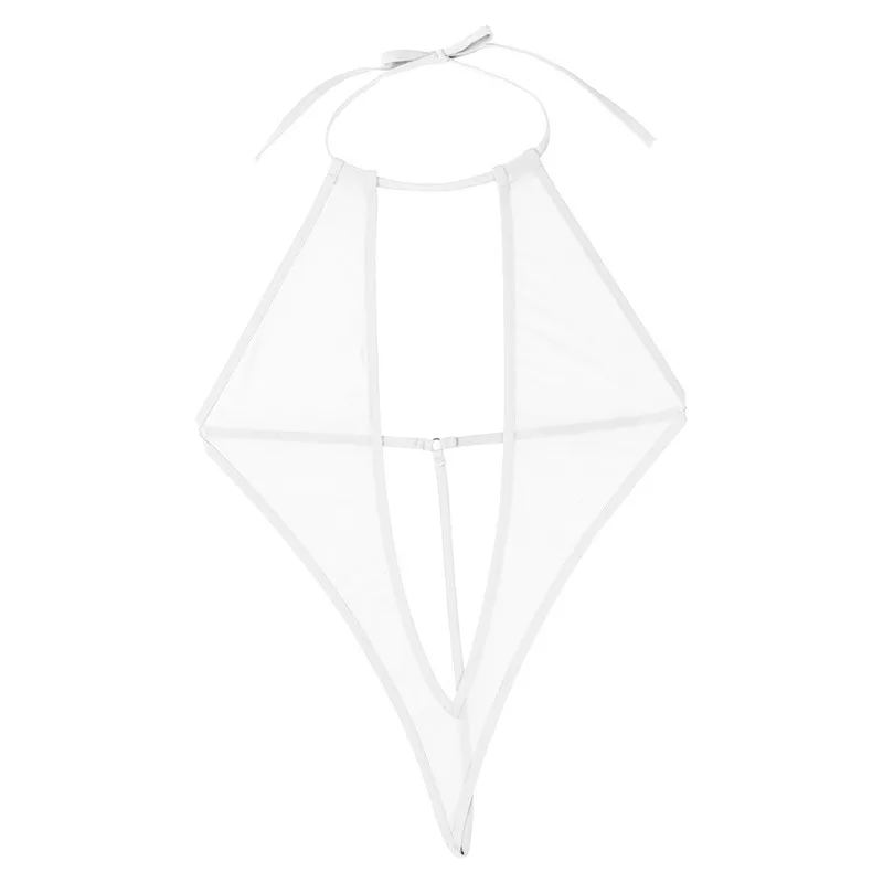 TiaoBug Women One-piece Sheer Mesh Deep V-Halter Monokini Swimwear Open Front Babydoll Teddy Sexy Bodysuit Swimsuit Nightwear