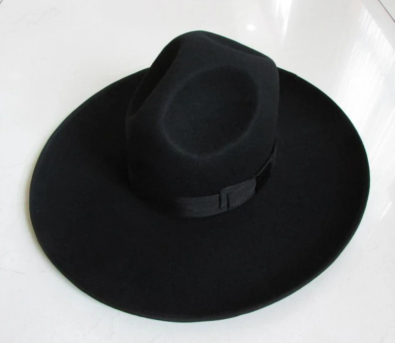 Men's 100% Woolen Fedoras Hat Wide Brim Oversize 12cm Woolen Hat Fashion Black Wool Felt Fedora Woolen Cap Equestrian Hat B-8127