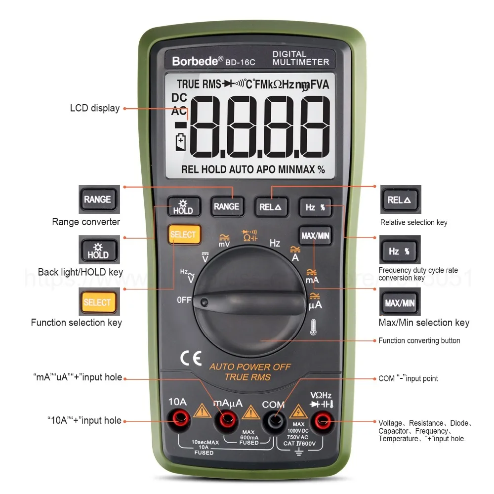 Portabl прецизионный цифровой мультиметр 6000 отсчетов истинный RMS Авто диапазон DC AC