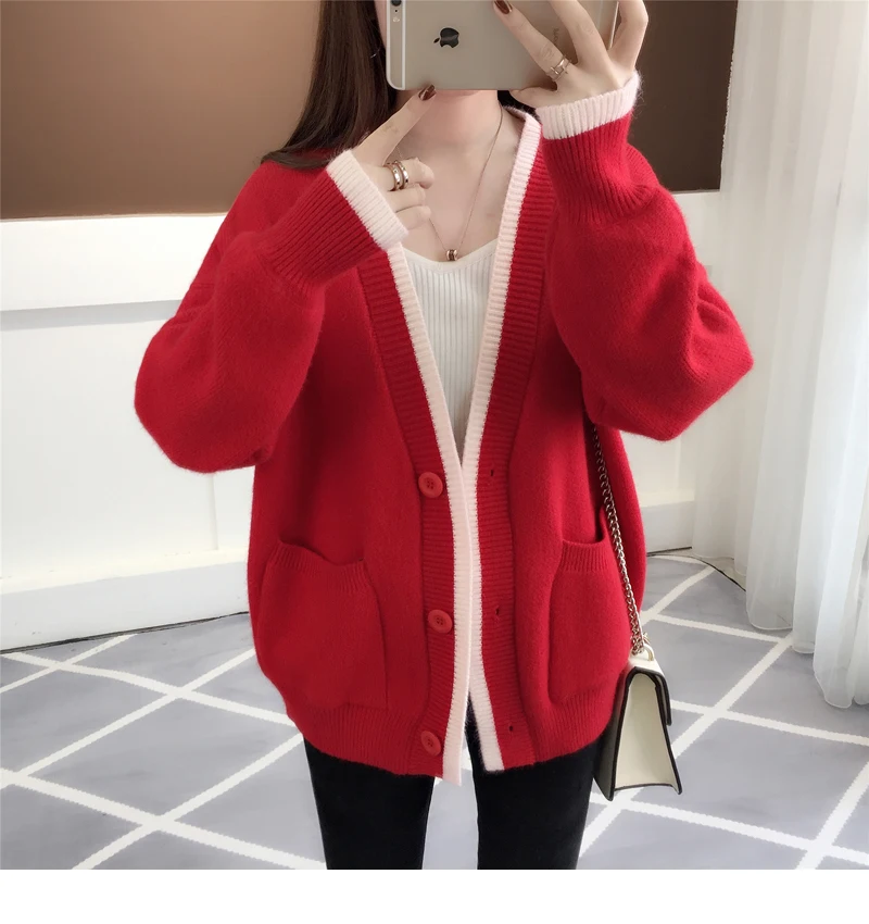 2019 Spring Autumn New Fashion Sweater Women's Cardigan Coats Loose Korean Knit Jacket Female Tops Black Red Outerwear |