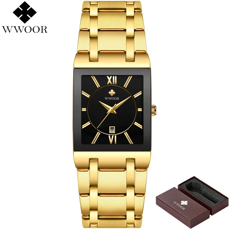 gold black WWOOR мужские часы Лидирующий бренд Роскошные Золотые Квадратные аналоговые кварцевые часы мужские наручные часы водонепроницаемые золотые мужские наручные часы Мужские часы - Цвет: gold black