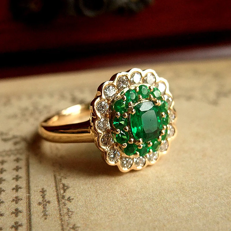 Обручальное кольцо, ювелирное изделие для женщин, 18 K, желтое золото, 1.1ctw Moissanite подушка, Зеленый Изумруд, Halo Кольцо Обручальное Кольцо