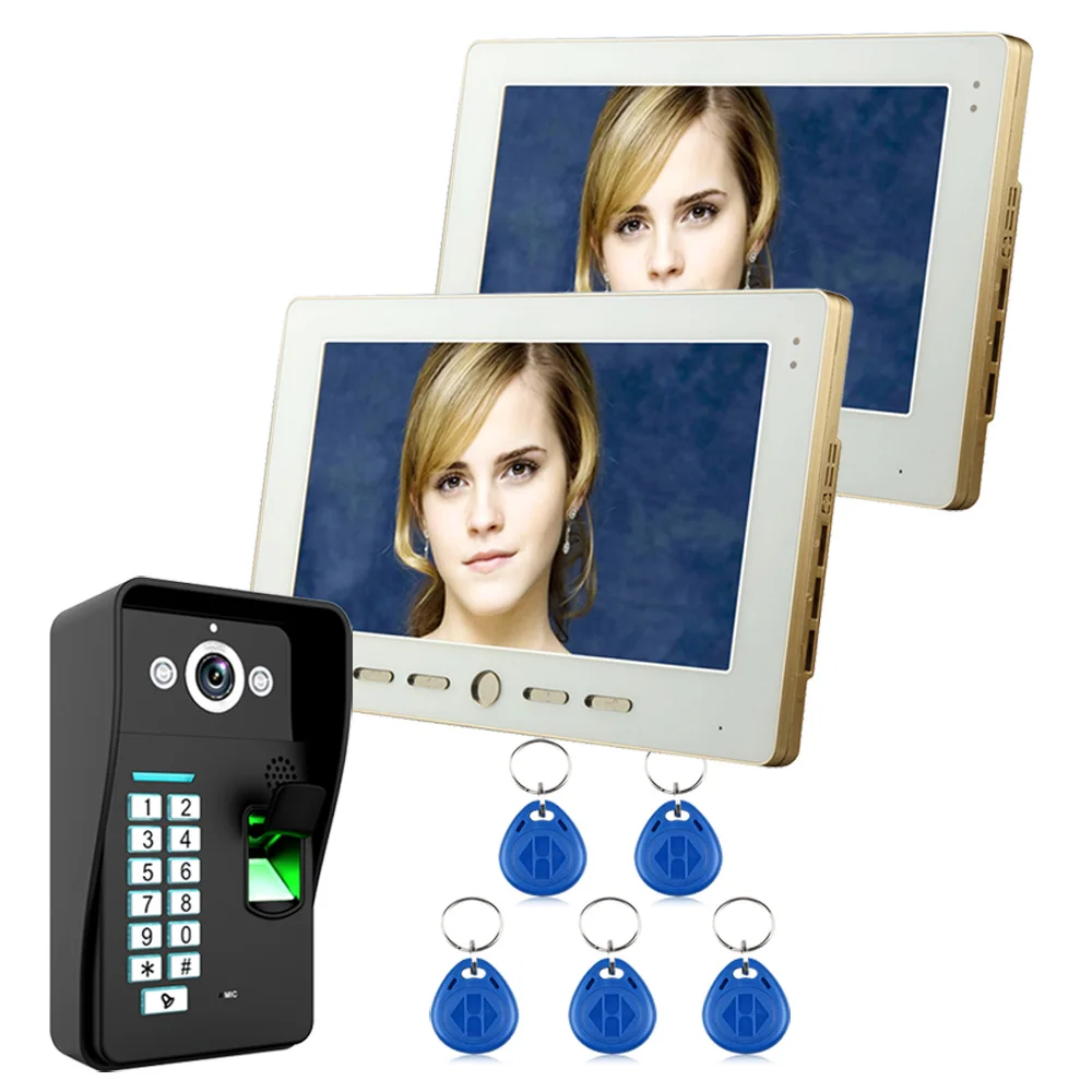 

10" Lcd 2 Monitor Fingerprint Recognition RFID Password Video Door Phone Intercom System kit With IR Camera 1000 TV Line