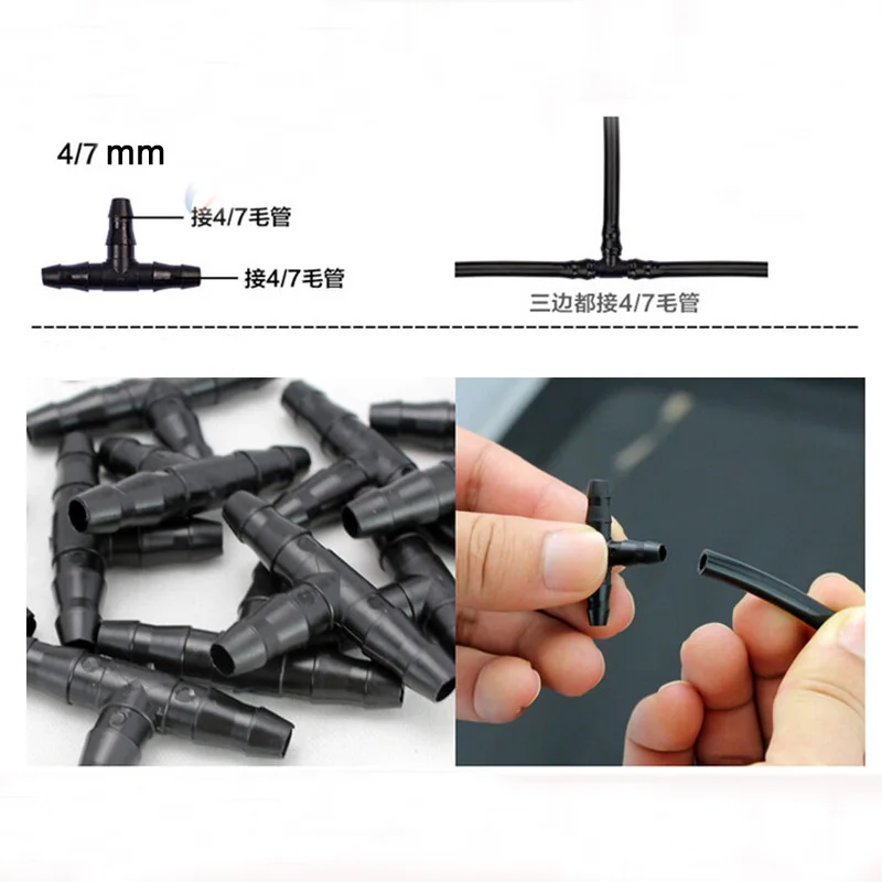 

50pcs/bag Sprinkler Irrigation Ploy Tee Pipe Barb Hose Fitting Joiner Drip System Suitable for 4mm/7mm