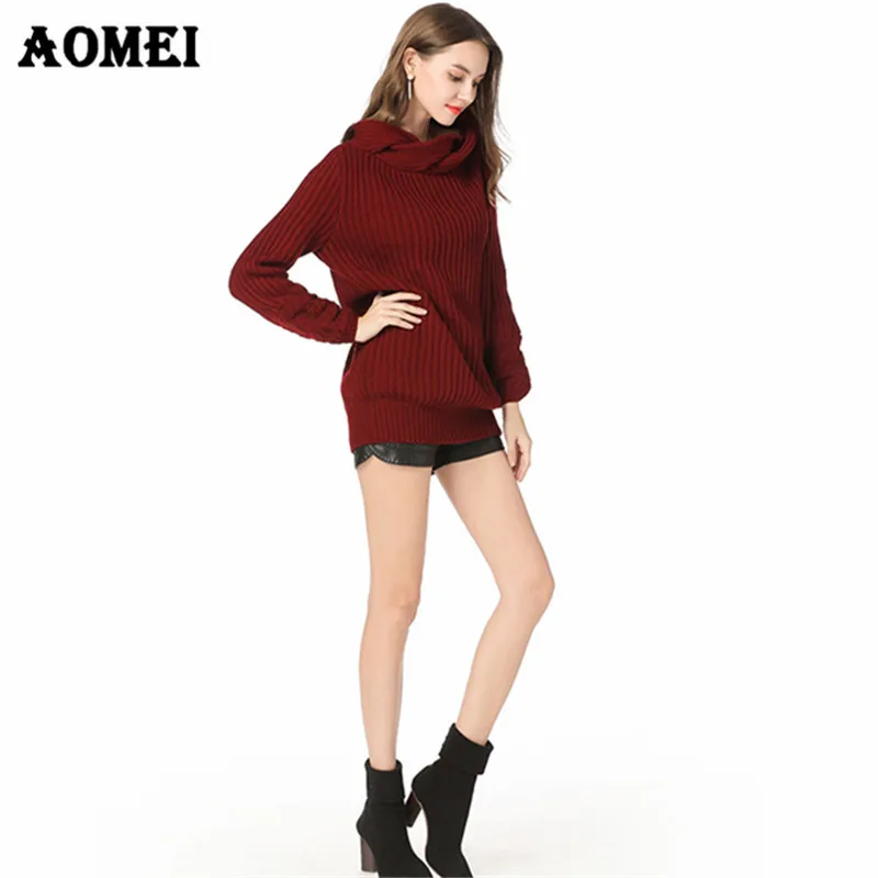 2019 New Autumn High Collar Long Sleeve Solid Color Wine Red Gray Loose Big Size Warm Knitting Sweater Women Fashion Tide Jumper | Женская