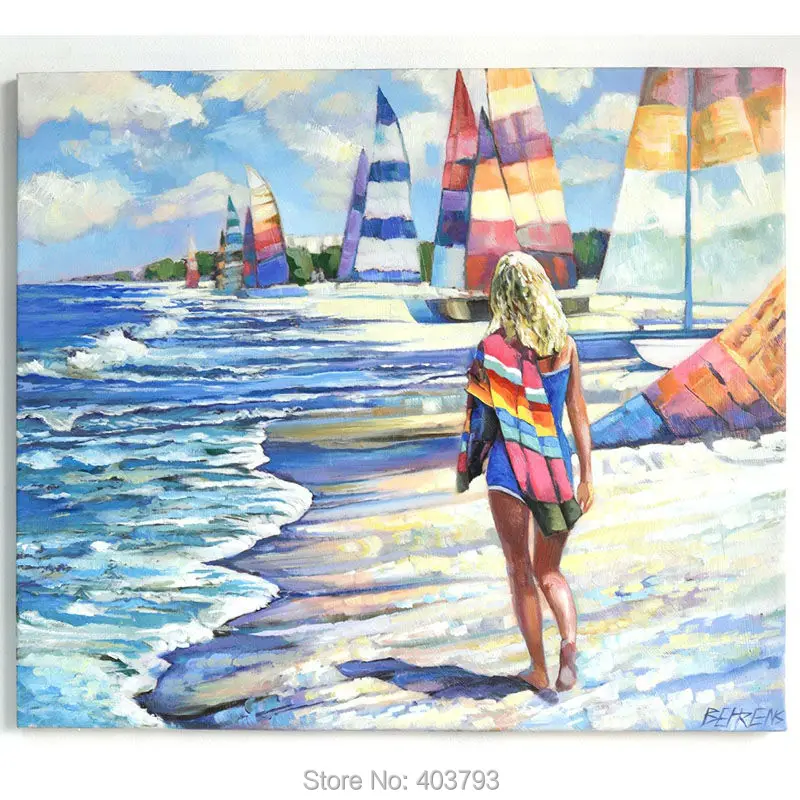Hand painted oil painting Girl on the beach 70x60cm With love from California Christmas Gift Canvas Art For Living Room | Дом и сад
