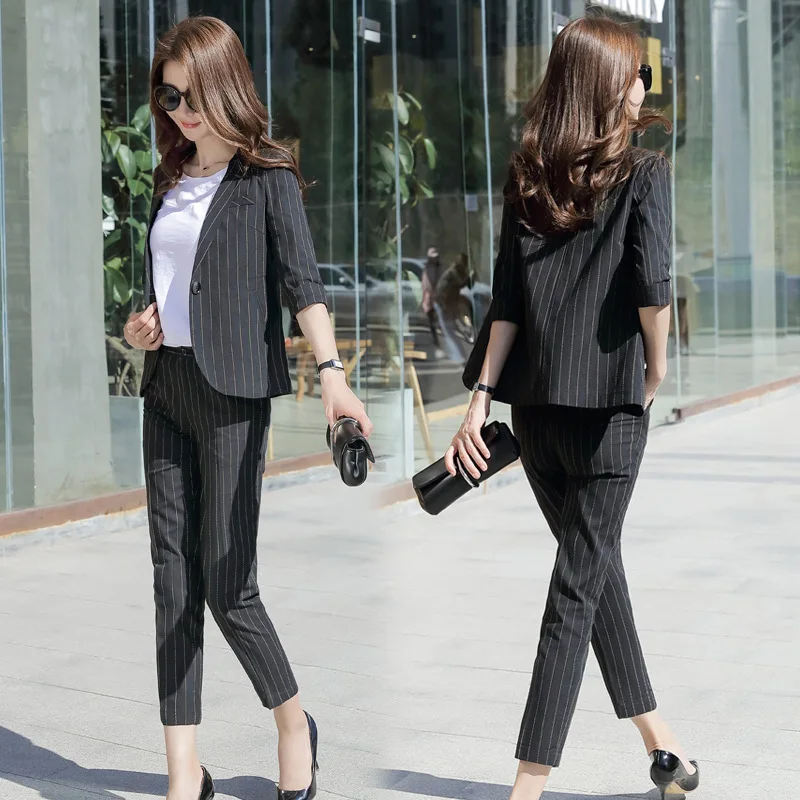 Работа в офисе полоску комплект из двух предметов топ и брюки форма Conjunto Feminino