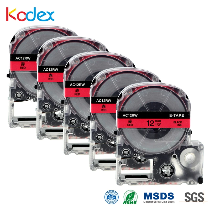 Клейкая лента для этикеток Kodex 5 шт. SC12RW 12 мм 100% совместимая с лентами Epson черная на
