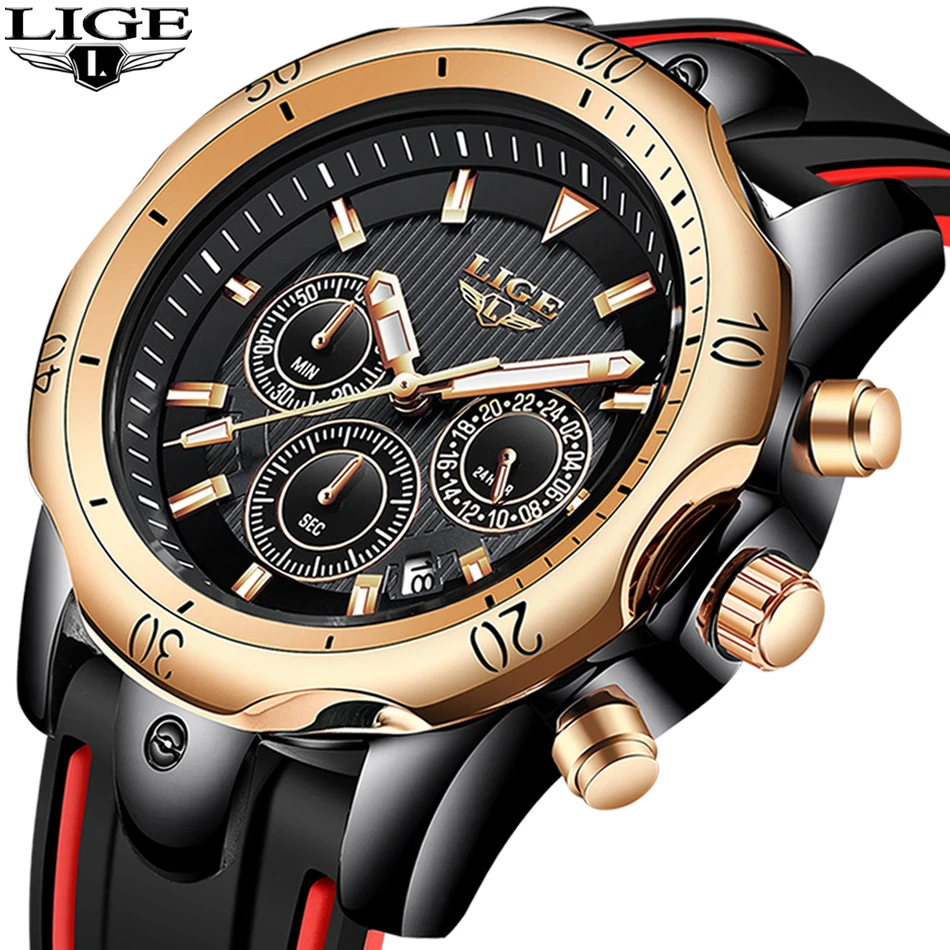 LIGE мужские спортивные часы хронограф силиконовый кварцевый ремешок армейские