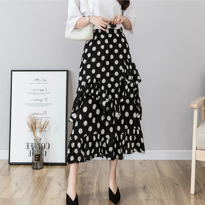 Летние шифоновые юбки в горошек высокие низкие Cakee многоуровневые черные/белые