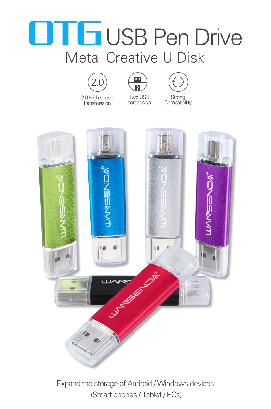 WANSENDA OTG USB флеш-накопитель 2 в 1 USB2.0 и Micro usb OTG флеш-накопитель 8 ГБ 16 ГБ 32 ГБ 64 Гб 128 ГБ 256 Гб флешки карта памяти