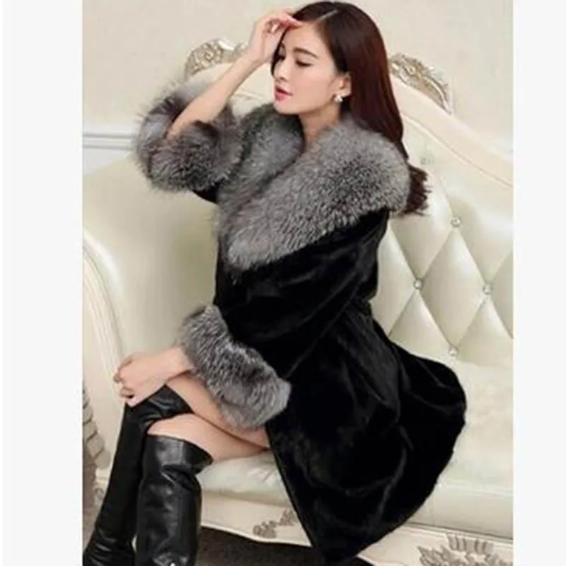 Женская шуба из искусственного меха Длинная зимняя норки с лисьим меховым