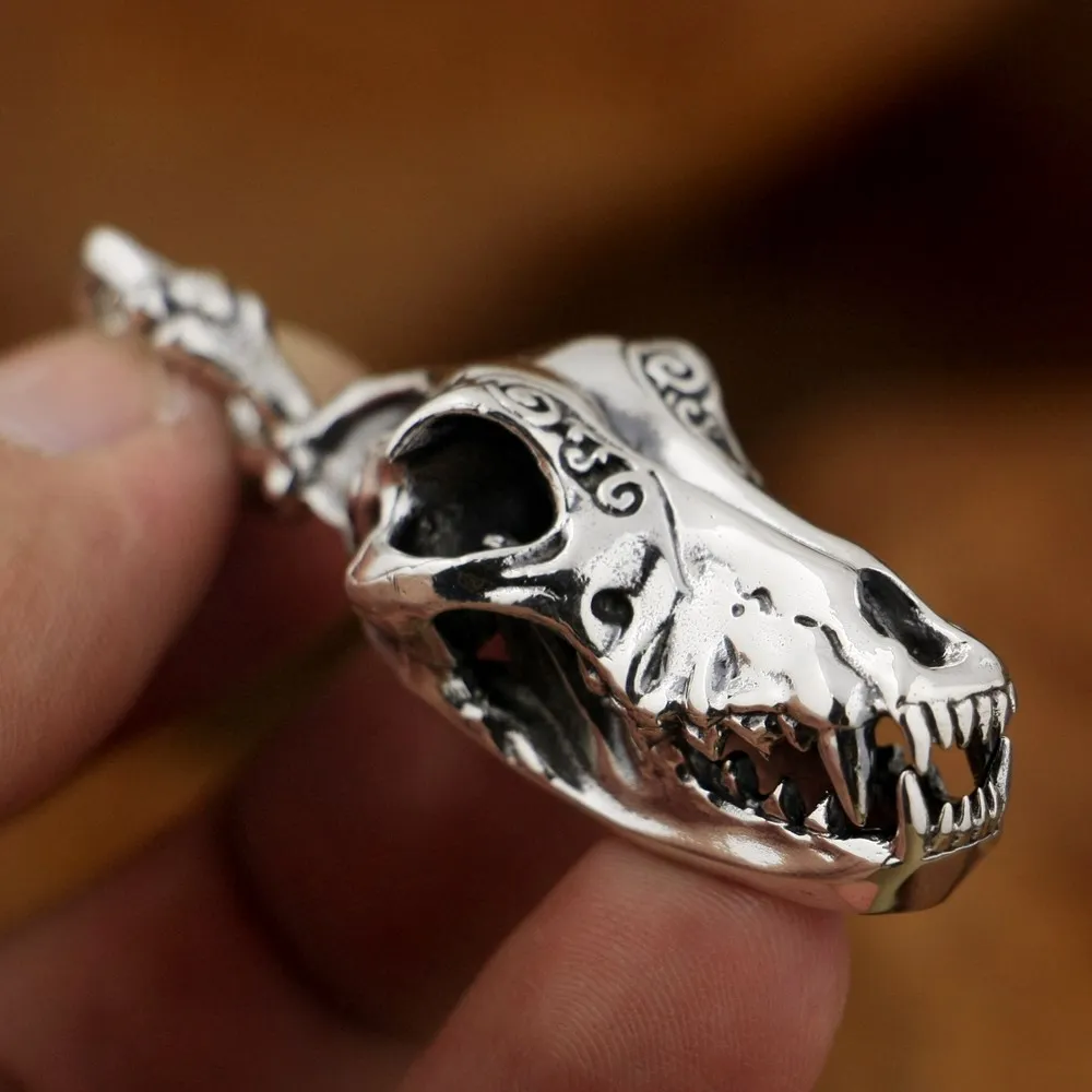 

Wolf Head Bone Pendant 925 Sterling Silver Mens Biker Rock Style TA84