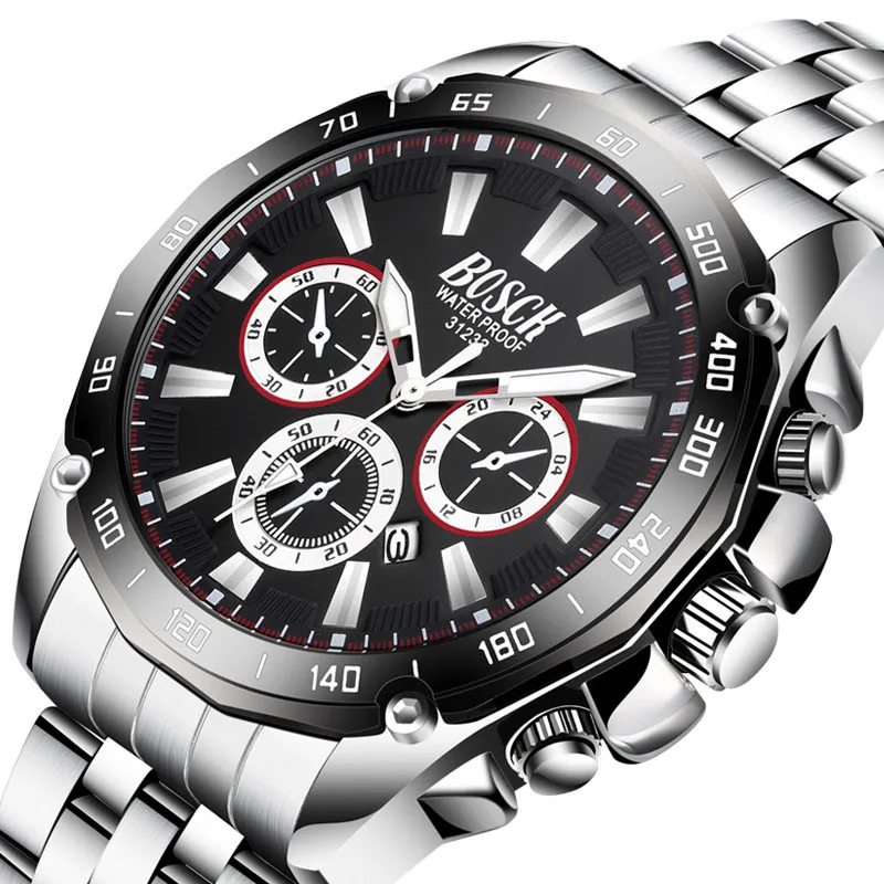 

BOSCK Men's Watch Steel Sports Calendar Date Leisure Waterproof Quartz Wristwatches Luminous Man Clock Relogio Masculino