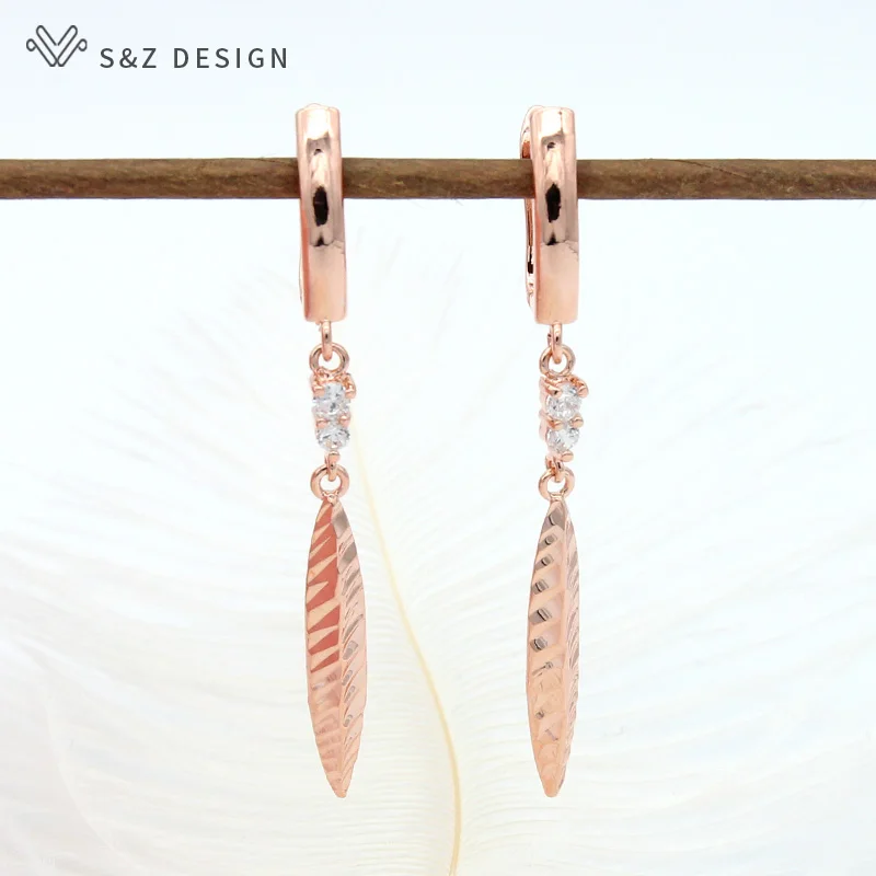 Серьги подвески S & Z из розового золота 585 пробы с фианитами женские тонкие