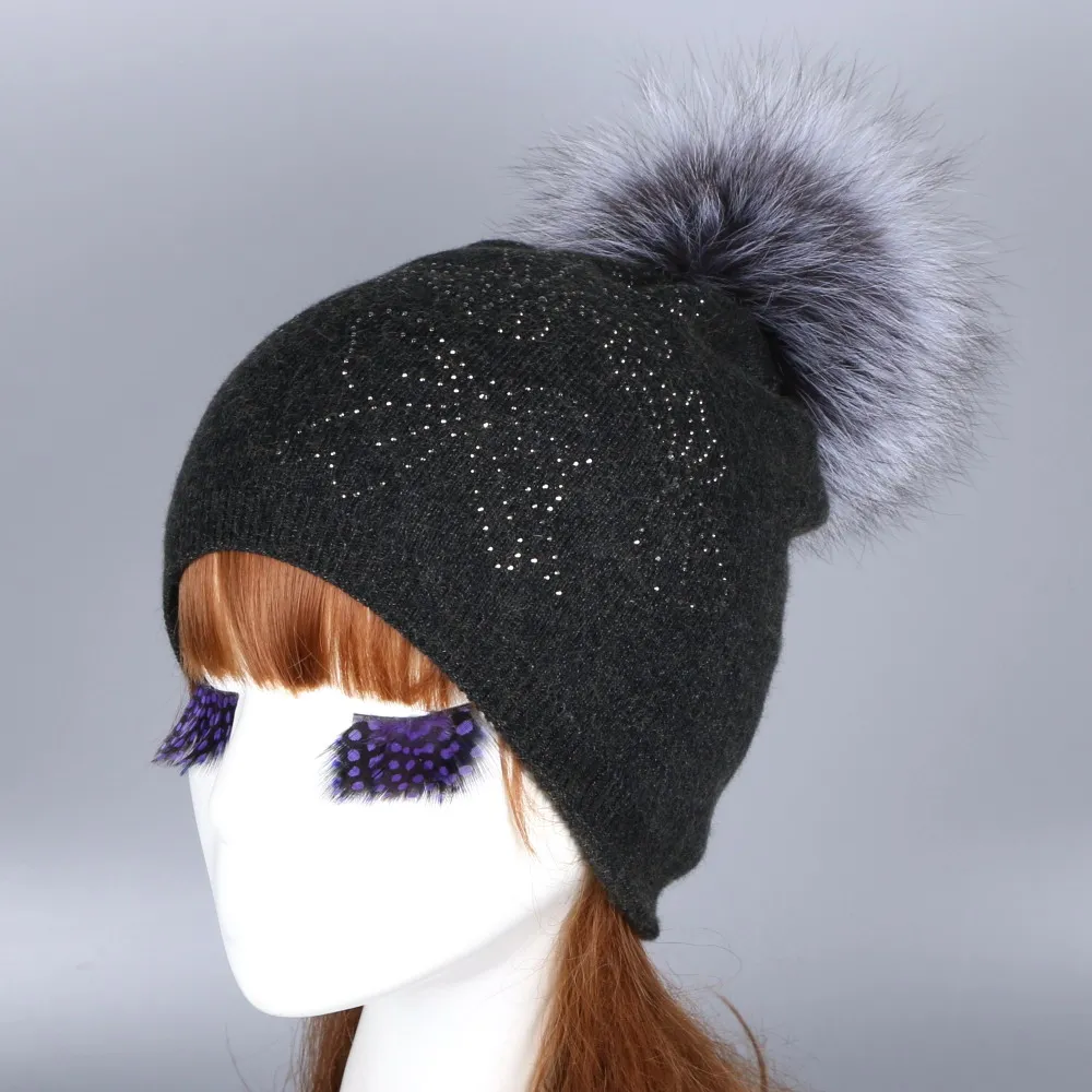 Оптовая продажа женская модная шерстяная зимняя шапка с помпоном из лисы и норки