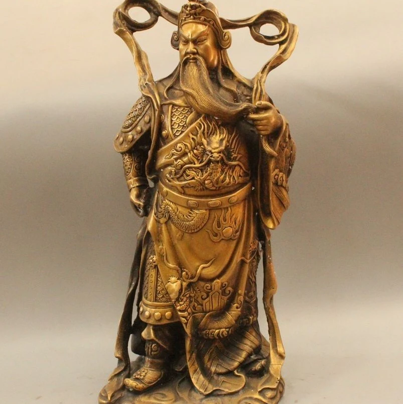 16 &quotКитайский латунный феншуй стенд Guan Gong Yu воин Бог дракон меч статуя | Дом и сад