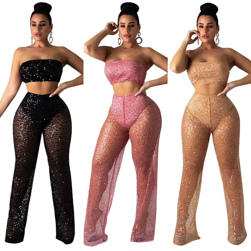 Эффектный Модный повседневный комплект из сетчатого топа с кружевом и блестками