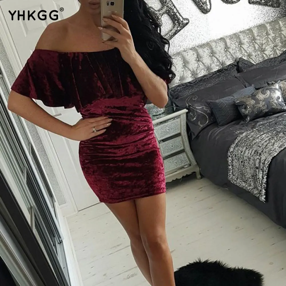 Новый Без Бретелек бархат bodycon dress sexy women слово плечо mini ночной клуб | Женская