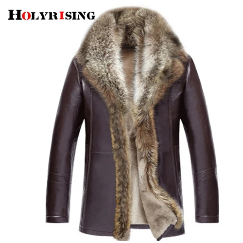 Holyrising, мужские Куртки из искусственной кожи, зимнее утепленное пальто с мехом животных, jaqueta de couro chaqueta cuero hombre 5XL, размеры 18293-5 - Цвет: brown