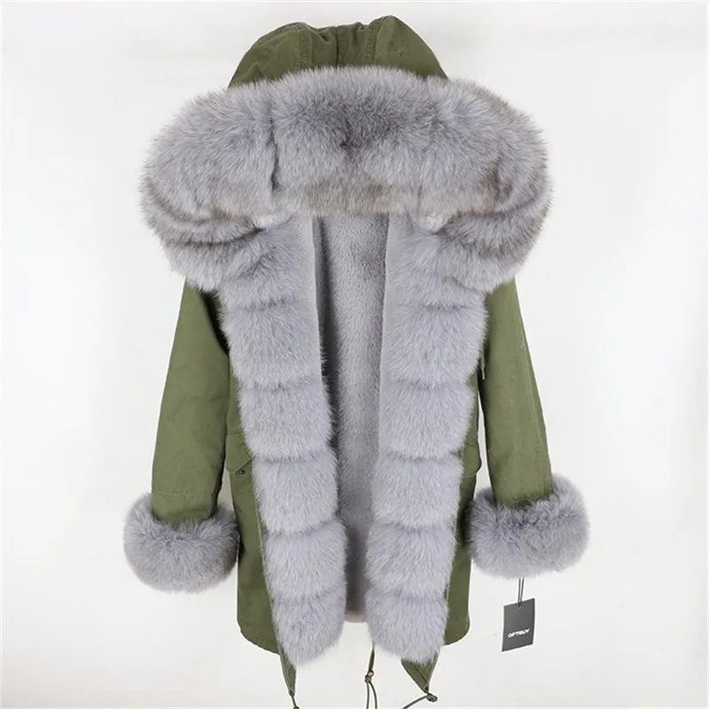 green grey Женская парка с натуральным лисьим мехом OFTBUY, бежевое пальто с отделкой из лисьего меха, свободная длинная парка, верхняя одежда со съемным мехом, зима - Цвет: green grey